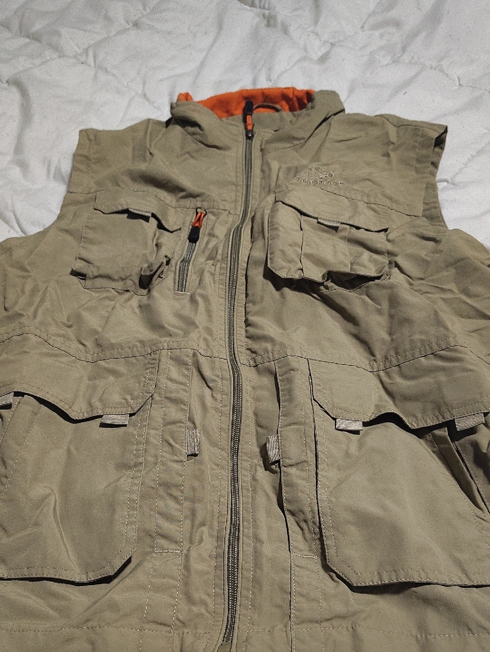 Utility Hooded Vest - Khaki with Orange Trim
